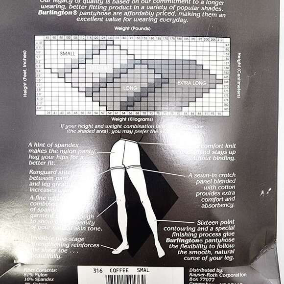 NEW Burlington Sheer Legacy Ultra Sheer Control Pantyhose Coffee Small Vintage - Picture 3 of 4
